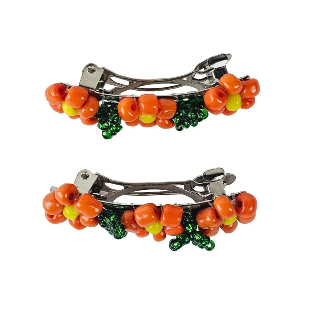 Vintage 1980's Orange Beaded Flower Mini Barrette Set - Picture 2 of 4